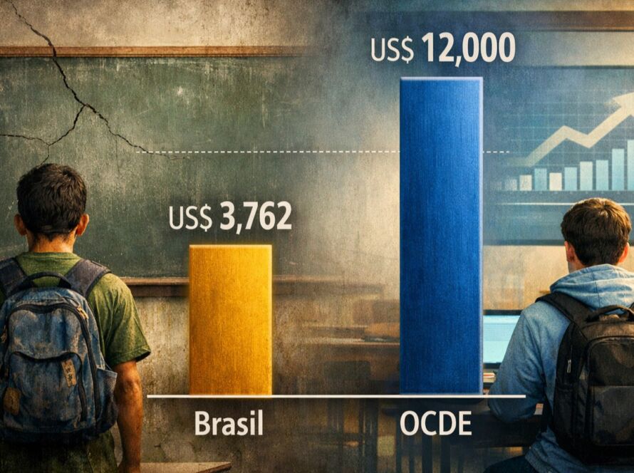 Gráfico comparando o gasto por aluno em educação no Brasil e nos países da OCDE, evidenciando a disparidade entre educação básica e ensino superior.