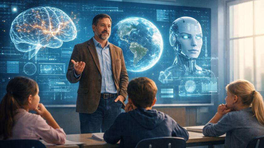 Professor em sala moderna com hologramas digitais ao fundo enquanto alunos refletem — representação da educação na era da inteligência artificial.