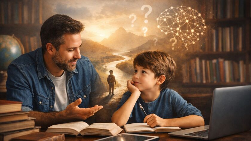 Pai e filho conversando com livros ao fundo, representando curiosidade e educação.