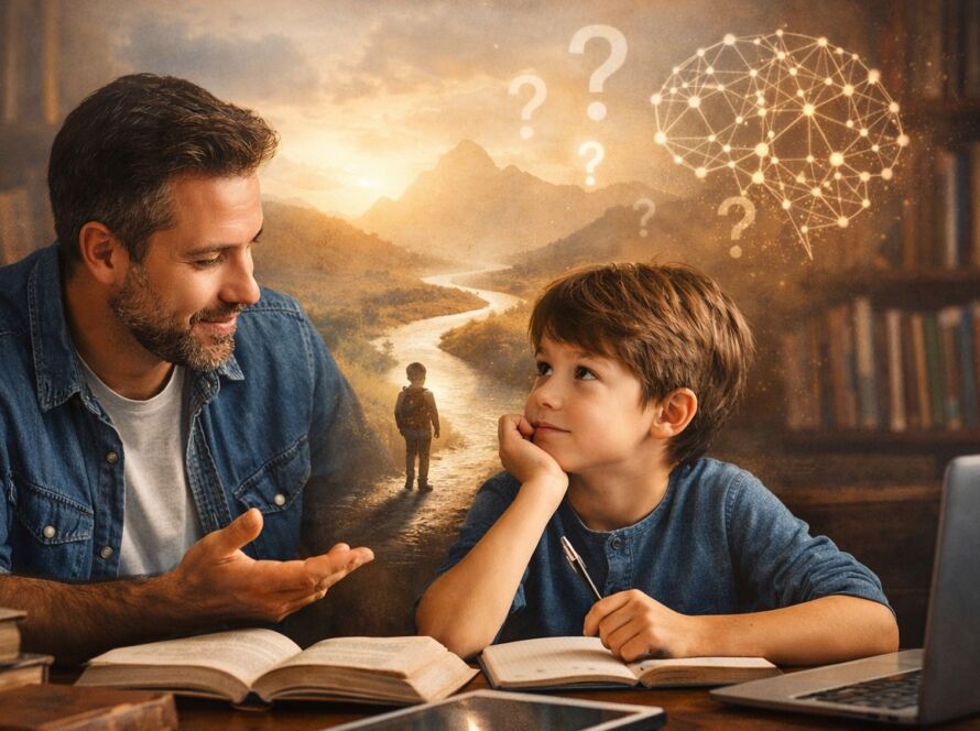 Pai e filho conversando com livros ao fundo, representando curiosidade e educação.