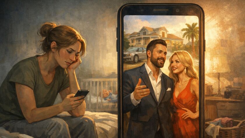 Mulher jovem, visivelmente cansada, sentada na cama de um quarto simples, olhando para o celular com expressão de exaustão e reflexão. À sua frente, em destaque, a tela do smartphone exibe um casal elegante e sorridente diante de uma casa grande e um carro de luxo, simbolizando um estilo de vida idealizado. O contraste entre o ambiente real, doméstico e contido, e a imagem glamourosa na tela reforça o impacto das redes sociais na construção de expectativas irreais sobre casamento, família e sucesso.