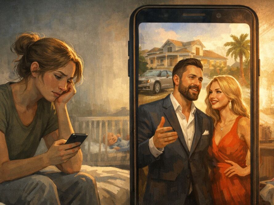 Mulher jovem, visivelmente cansada, sentada na cama de um quarto simples, olhando para o celular com expressão de exaustão e reflexão. À sua frente, em destaque, a tela do smartphone exibe um casal elegante e sorridente diante de uma casa grande e um carro de luxo, simbolizando um estilo de vida idealizado. O contraste entre o ambiente real, doméstico e contido, e a imagem glamourosa na tela reforça o impacto das redes sociais na construção de expectativas irreais sobre casamento, família e sucesso.
