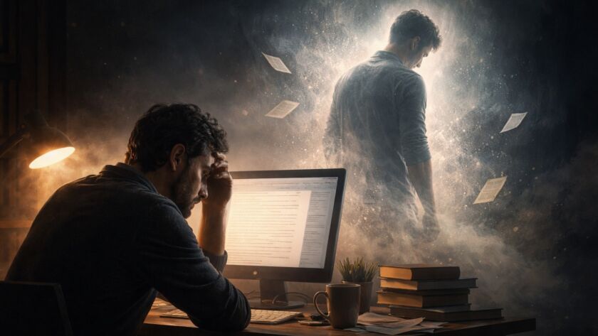 Escritor solitário diante do computador à noite refletindo sobre a morte de um personagem.