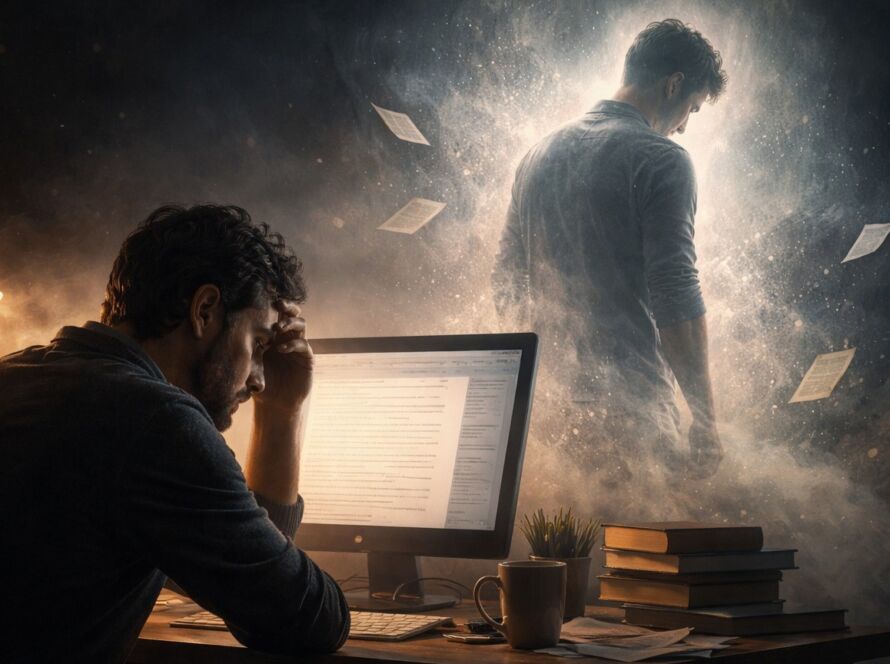 Escritor solitário diante do computador à noite refletindo sobre a morte de um personagem.