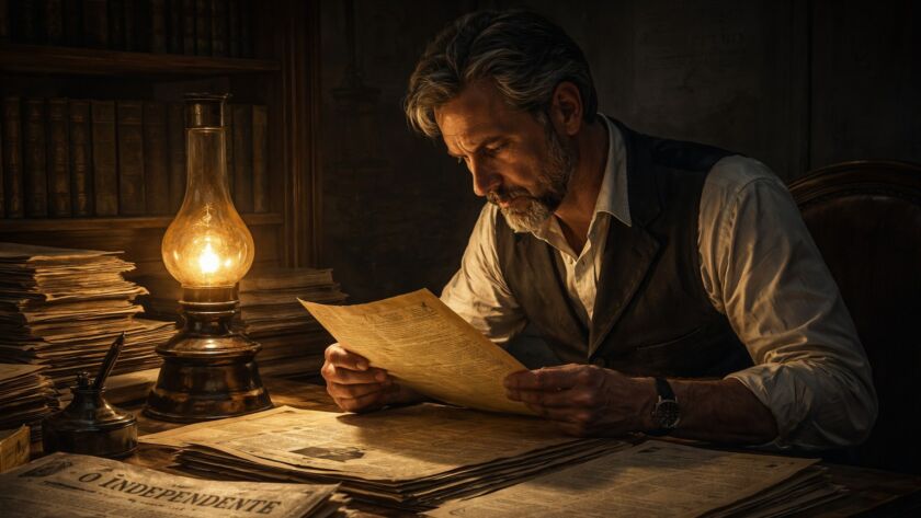Ilustração literária de arquivos judiciais antigos, jornais do século XIX e um homem lendo documentos sob luz baixa, simbolizando memória e justiça histórica.
