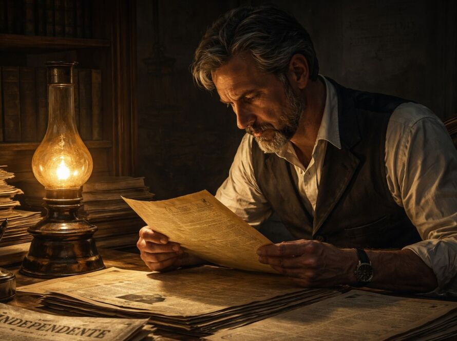 Ilustração literária de arquivos judiciais antigos, jornais do século XIX e um homem lendo documentos sob luz baixa, simbolizando memória e justiça histórica.