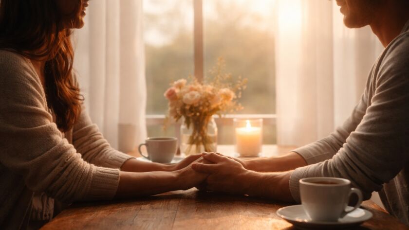 Casal em silêncio sob luz suave simbolizando perdão, esperança e reconstrução no casamento.