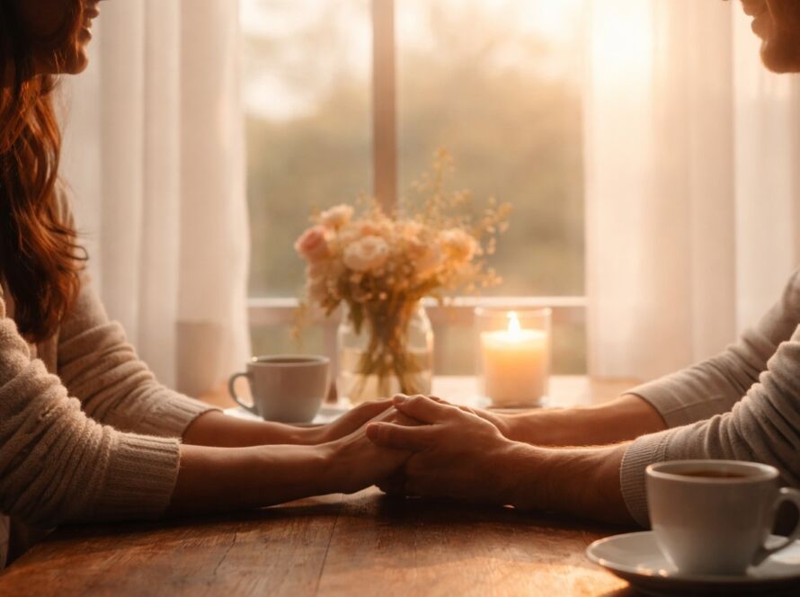 Casal em silêncio sob luz suave simbolizando perdão, esperança e reconstrução no casamento.