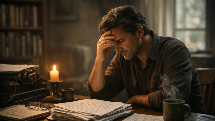 Escritor revisando manuscrito em silêncio, refletindo sobre o excesso de controle na escrita literária.