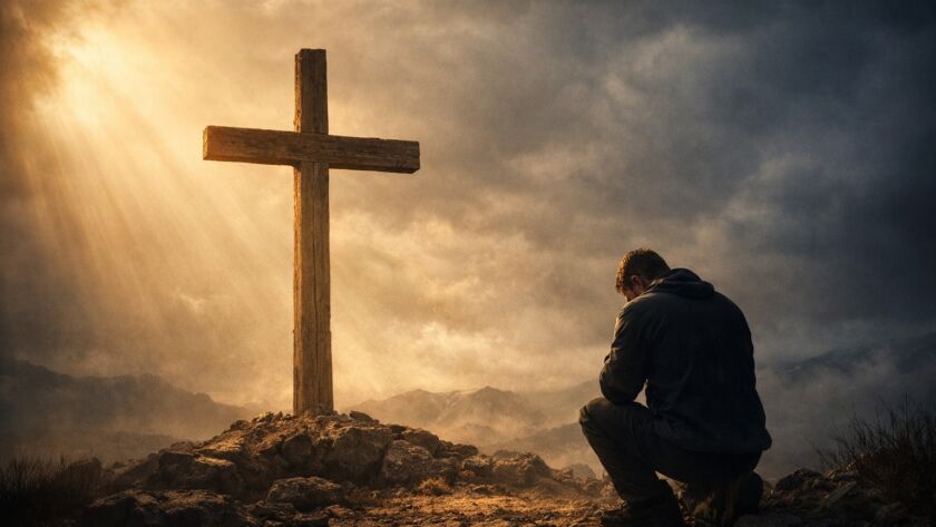 Homem ajoelhado diante de uma cruz de madeira no alto de um monte ao entardecer, iluminado por raios dourados que atravessam nuvens densas, em clima de oração, silêncio e reconciliação.