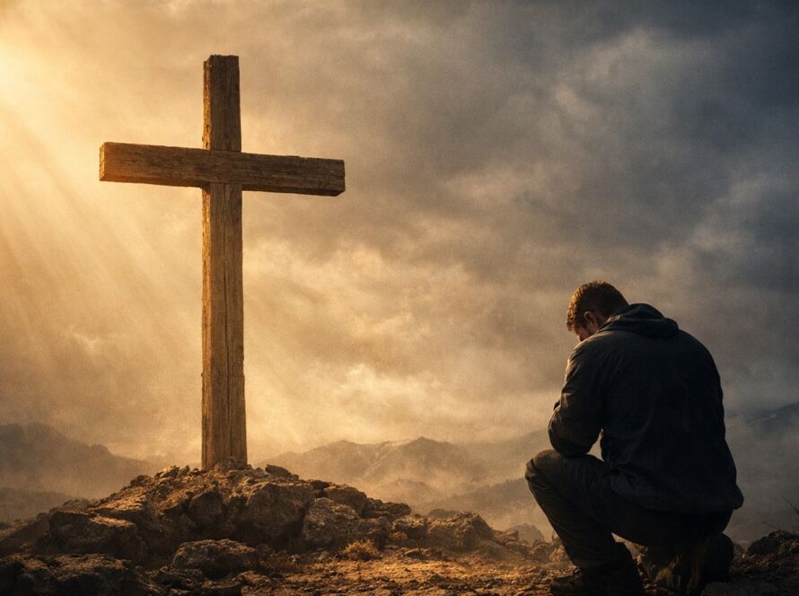 Homem ajoelhado diante de uma cruz de madeira no alto de um monte ao entardecer, iluminado por raios dourados que atravessam nuvens densas, em clima de oração, silêncio e reconciliação.