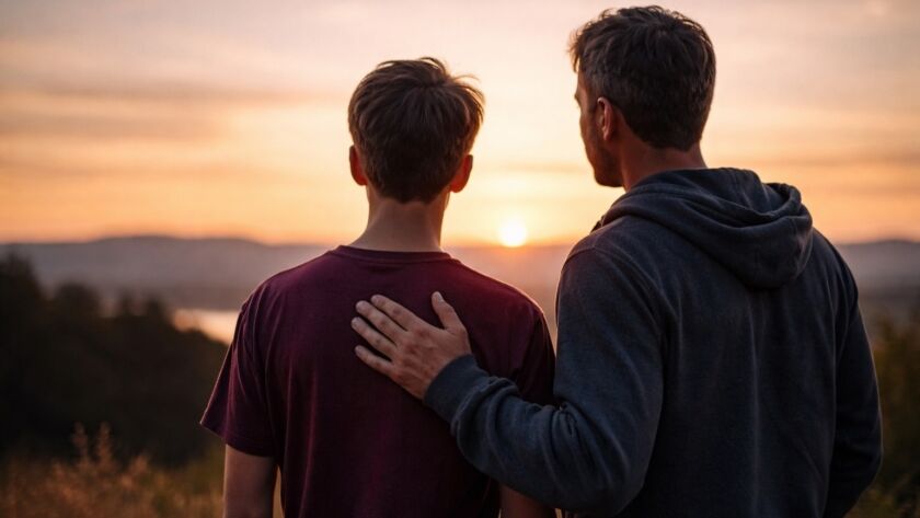 Pai observando filho adolescente de costas ao entardecer, simbolizando a passagem do tempo e o crescimento na paternidade.