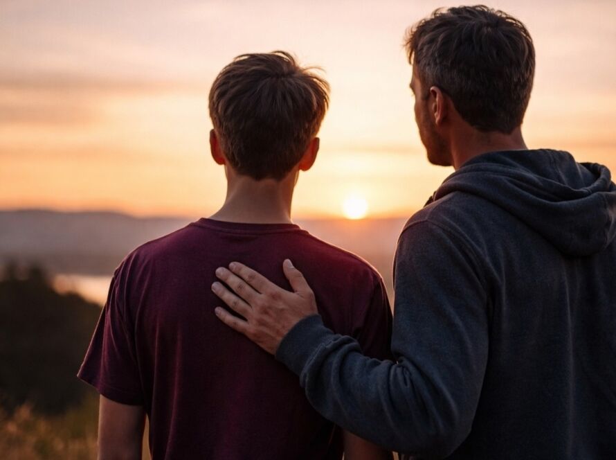 Pai observando filho adolescente de costas ao entardecer, simbolizando a passagem do tempo e o crescimento na paternidade.