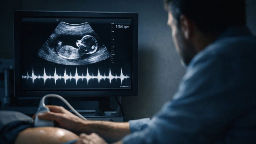 Pai observa exame de ultrassom enquanto escuta o coração do filho pela primeira vez