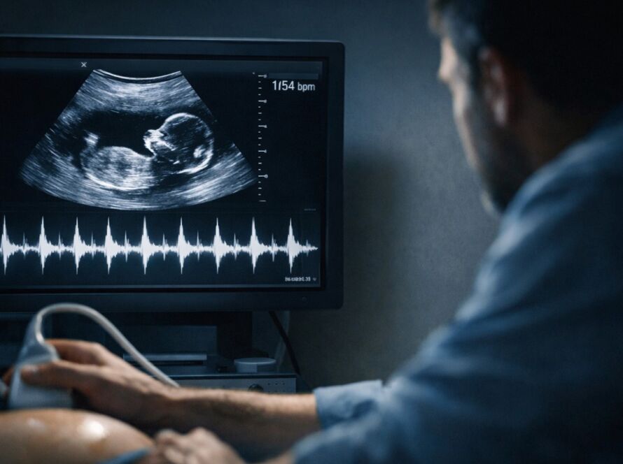 Pai observa exame de ultrassom enquanto escuta o coração do filho pela primeira vez