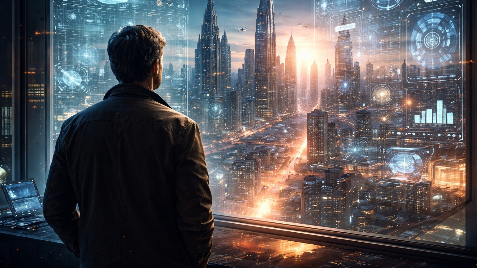Homem observando cidade futurista através de tela digital, simbolizando a transição entre o mundo analógico e a era da inteligência artificial.