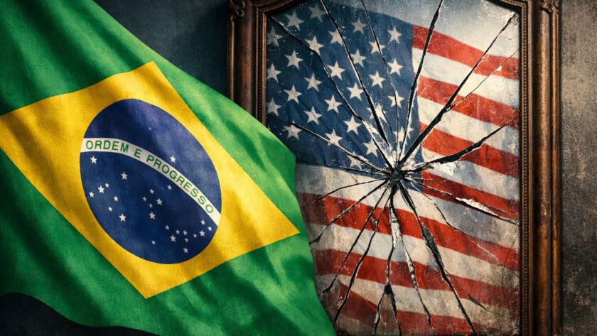 Ilustração simbólica da bandeira brasileira refletida em um espelho rachado, representando o colonialismo mental e a relação do Brasil com o modelo americano.