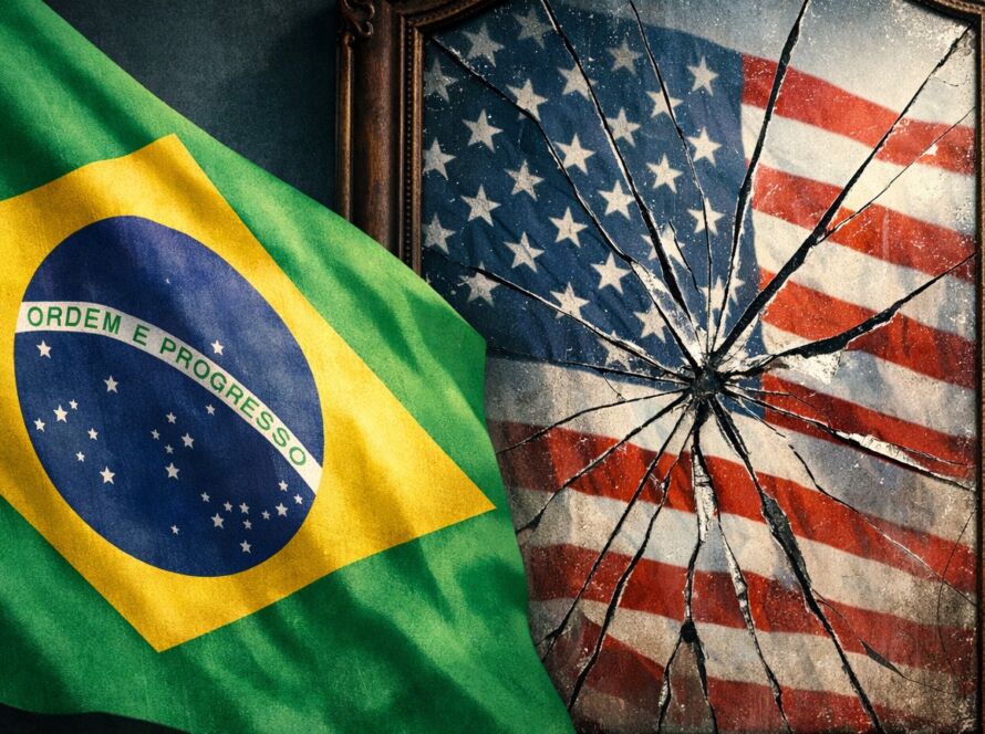Ilustração simbólica da bandeira brasileira refletida em um espelho rachado, representando o colonialismo mental e a relação do Brasil com o modelo americano.