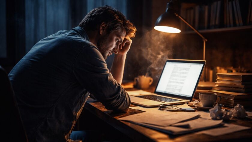 Escritor sozinho diante do computador refletindo sobre vulnerabilidade na escrita e exposição emocional.