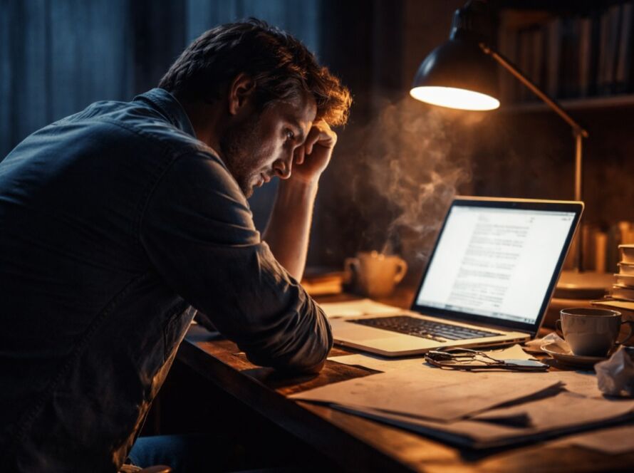 Escritor sozinho diante do computador refletindo sobre vulnerabilidade na escrita e exposição emocional.