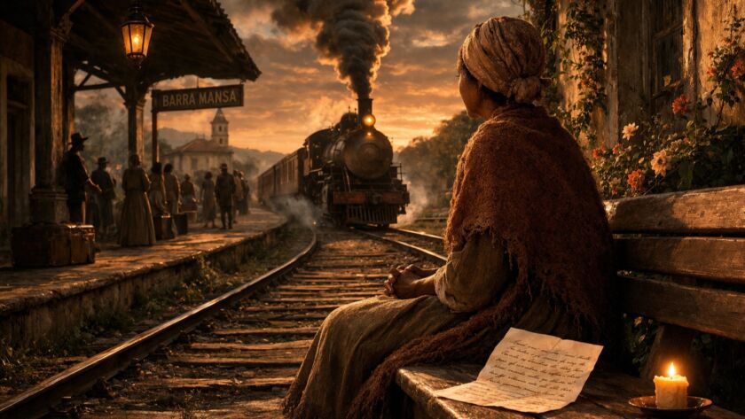 Mulher negra esperando na plataforma de uma estação ferroviária no Brasil do século XIX após a abolição da escravidão.