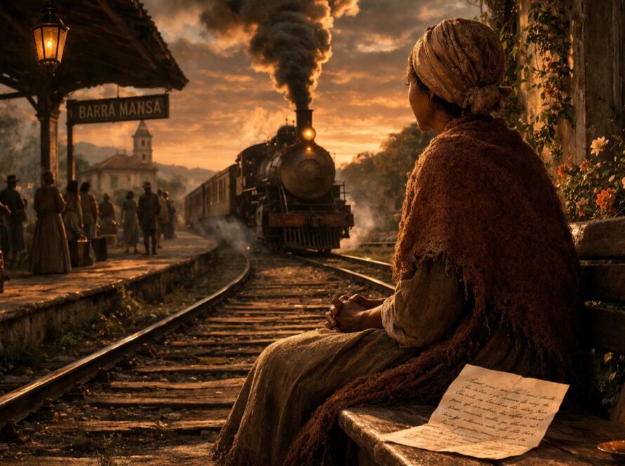 Mulher negra esperando na plataforma de uma estação ferroviária no Brasil do século XIX após a abolição da escravidão.