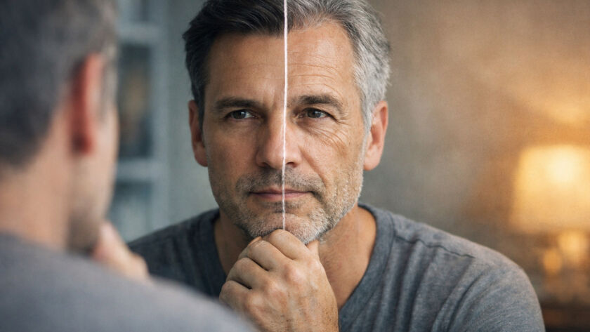 Homem refletindo sobre o tempo e o envelhecimento em ambiente cotidiano, simbolizando a ilusão da juventude infinita