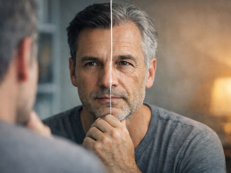 Homem refletindo sobre o tempo e o envelhecimento em ambiente cotidiano, simbolizando a ilusão da juventude infinita