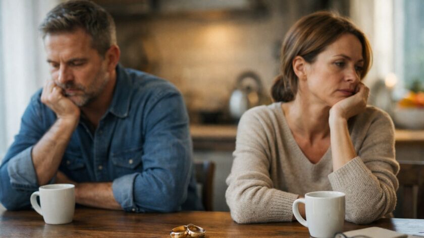 Casal sentado à mesa em silêncio, simbolizando o acúmulo de pequenas mágoas e a importância do diálogo no casamento.