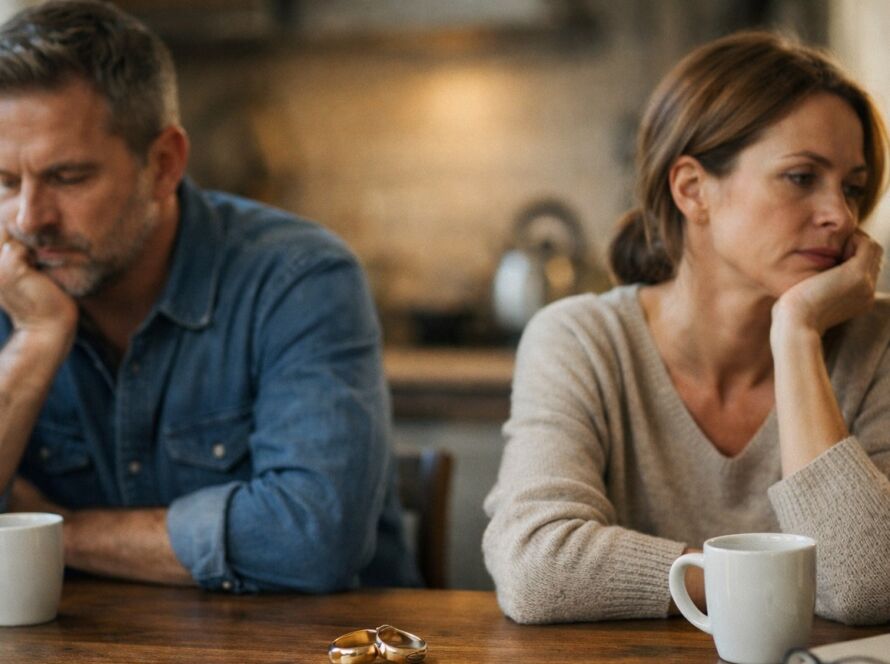 Casal sentado à mesa em silêncio, simbolizando o acúmulo de pequenas mágoas e a importância do diálogo no casamento.