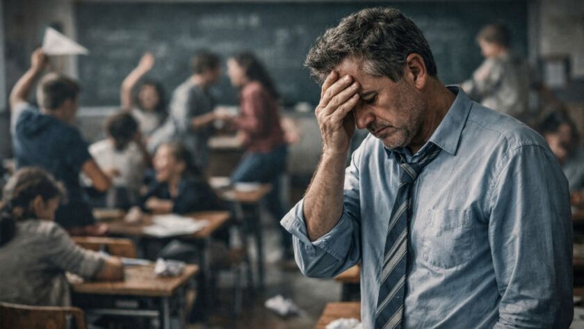 Professor exausto diante de sala de aula caótica simbolizando a crise da autoridade na educação contemporânea.