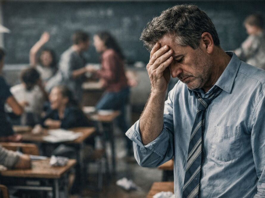 Professor exausto diante de sala de aula caótica simbolizando a crise da autoridade na educação contemporânea.