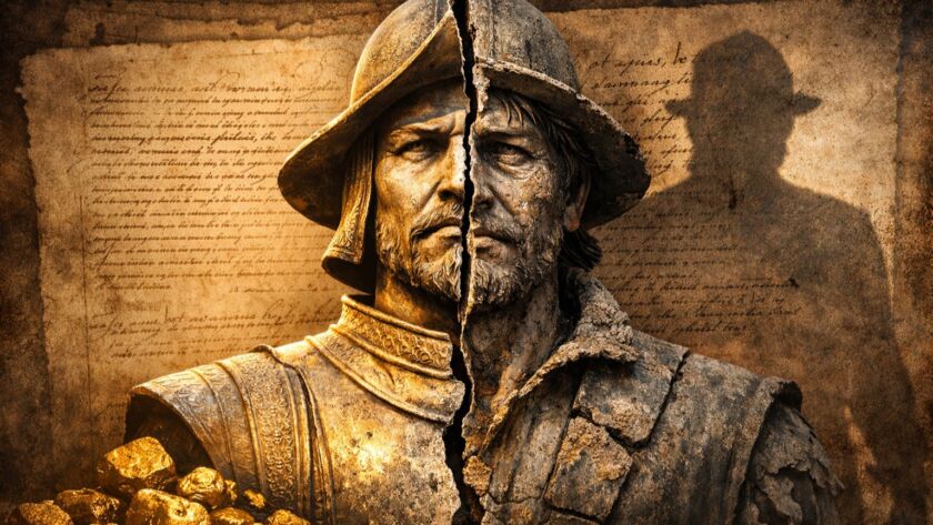 Ilustração conceitual de uma estátua histórica dividida ao meio: de um lado, uma figura dourada e heroica de bandeirante; do outro, uma versão envelhecida e deteriorada do mesmo homem. Ao fundo, aparecem páginas de manuscritos antigos, enquanto pepitas de ouro se acumulam no primeiro plano, simbolizando a tensão entre mito histórico e humanidade real.