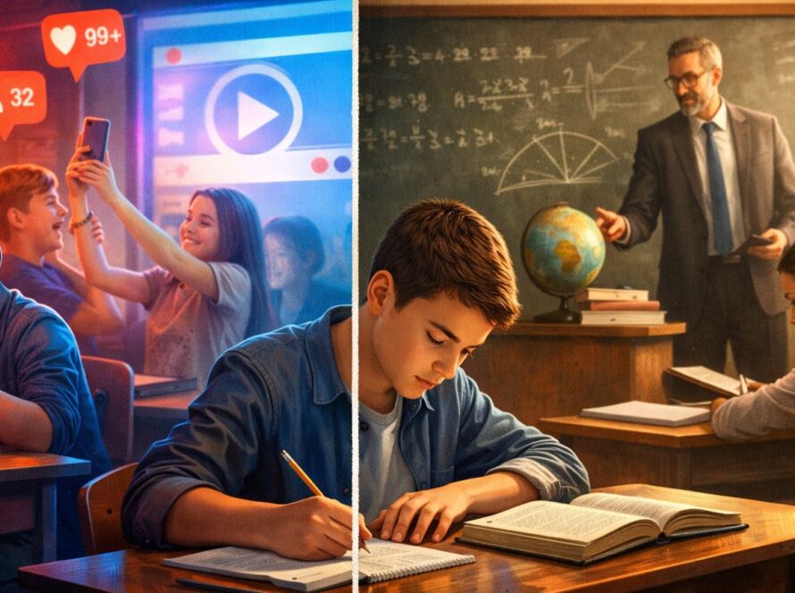 Professor ensinando alunos em sala de aula refletindo sobre o esforço e a concentração necessários para o aprendizado.