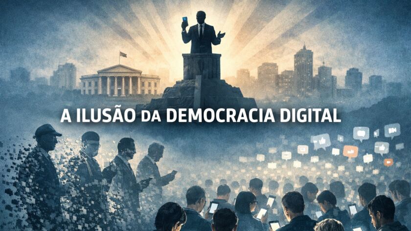 Ilustração conceitual sobre democracia digital mostrando político em pedestal elevado enquanto multidão olha para celulares, simbolizando a ilusão de horizontalidade e a concentração de poder nas redes sociais.