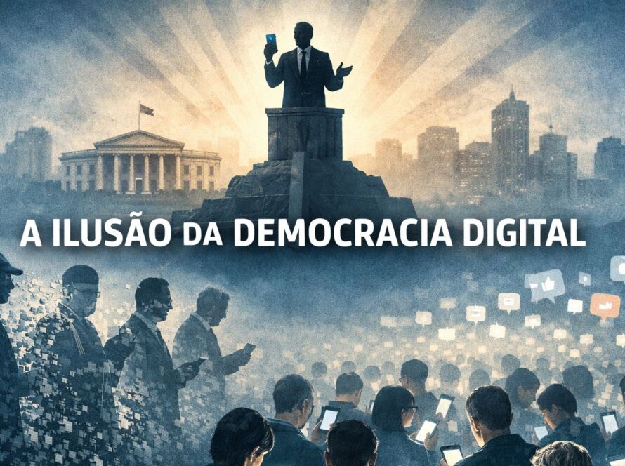 Ilustração conceitual sobre democracia digital mostrando político em pedestal elevado enquanto multidão olha para celulares, simbolizando a ilusão de horizontalidade e a concentração de poder nas redes sociais.