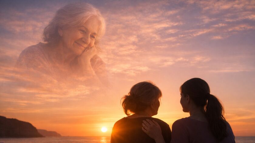 mãe e filha repetindo um gesto semelhante duas gerações sentadas conversando silhuetas ao entardecer simbolizando continuidade.