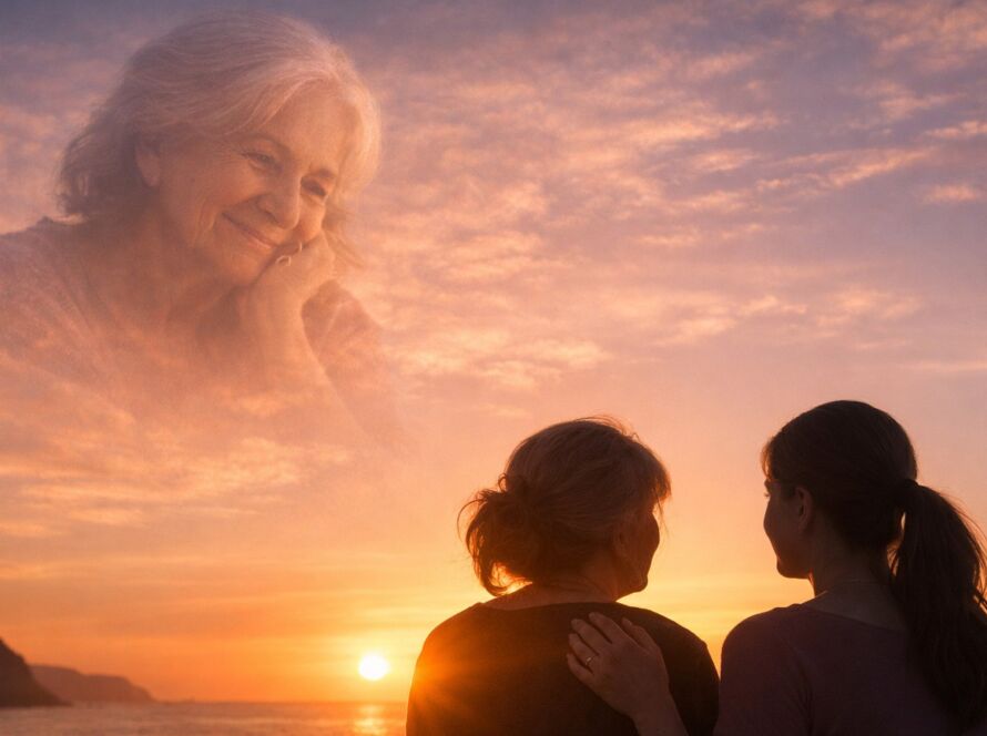 mãe e filha repetindo um gesto semelhante duas gerações sentadas conversando silhuetas ao entardecer simbolizando continuidade.