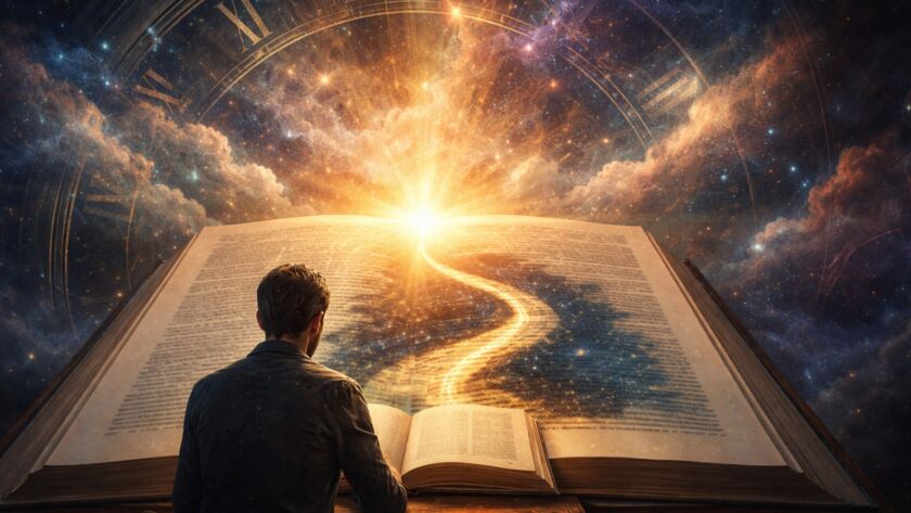 Homem lendo um livro em um ambiente escuro com luz suave, representando a ideia do tempo como totalidade e a liberdade humana diante do conhecimento absoluto.
