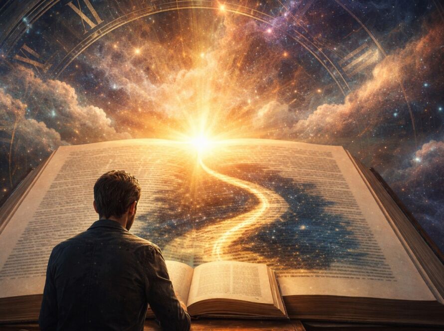 Homem lendo um livro em um ambiente escuro com luz suave, representando a ideia do tempo como totalidade e a liberdade humana diante do conhecimento absoluto.