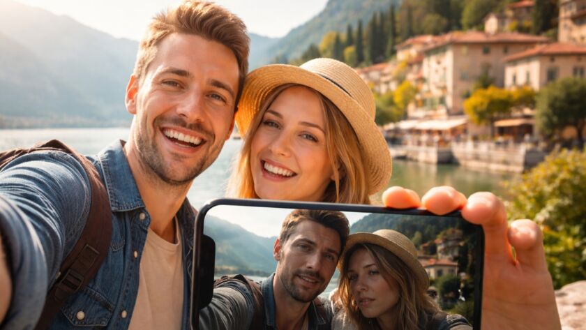 Casal sorrindo tira selfie em uma paisagem europeia ensolarada; na tela do celular, porém, o reflexo revela seus rostos cansados e abatidos, contrastando com a imagem perfeita que tentam capturar.