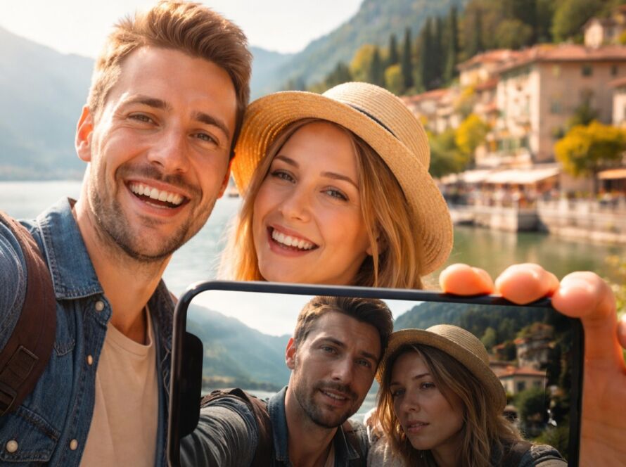 Casal sorrindo tira selfie em uma paisagem europeia ensolarada; na tela do celular, porém, o reflexo revela seus rostos cansados e abatidos, contrastando com a imagem perfeita que tentam capturar.