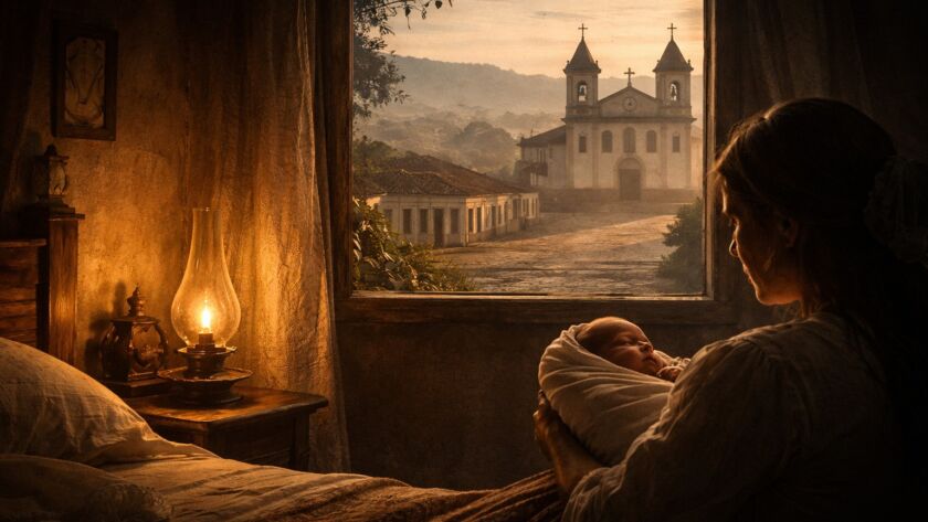 Vila colonial mineira ao amanhecer com igreja barroca e atmosfera silenciosa evocando o nascimento de uma criança em Vila Rica no século XVIII