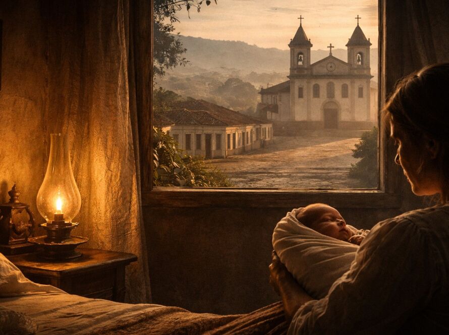 Vila colonial mineira ao amanhecer com igreja barroca e atmosfera silenciosa evocando o nascimento de uma criança em Vila Rica no século XVIII