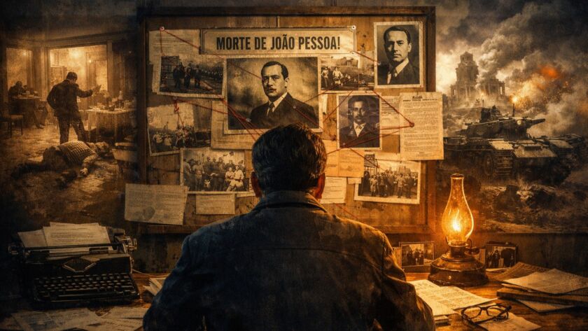 Ilustração conceitual de um homem observando documentos históricos e cenas de guerra ao fundo, simbolizando a construção de narrativas e a diferença entre fatos e versões ao longo da história.