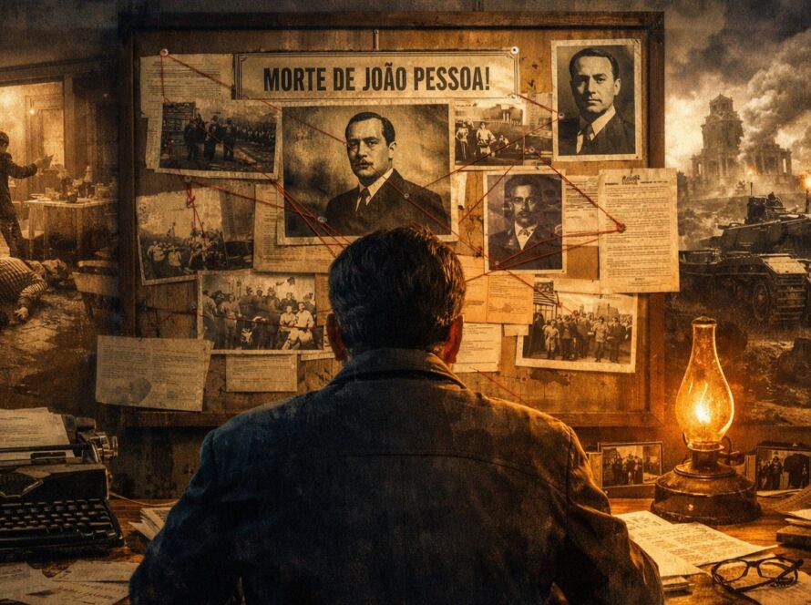 Ilustração conceitual de um homem observando documentos históricos e cenas de guerra ao fundo, simbolizando a construção de narrativas e a diferença entre fatos e versões ao longo da história.