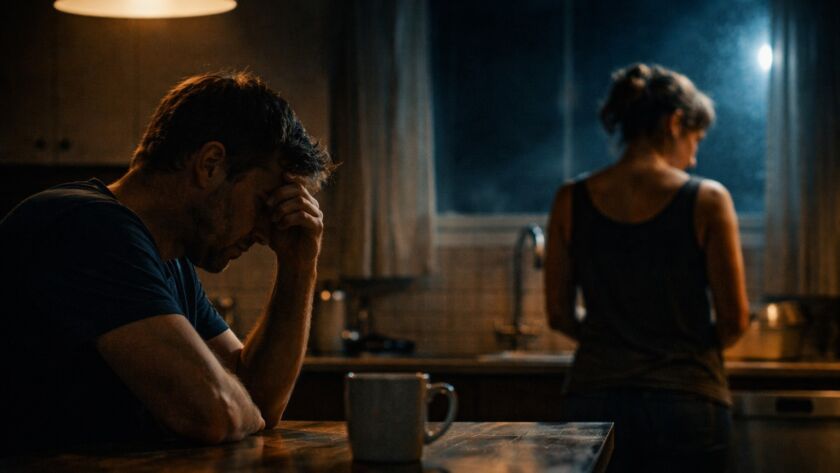 Casal em silêncio na cozinha durante a madrugada, representando tensão em um relacionamento após o nascimento de um filho.