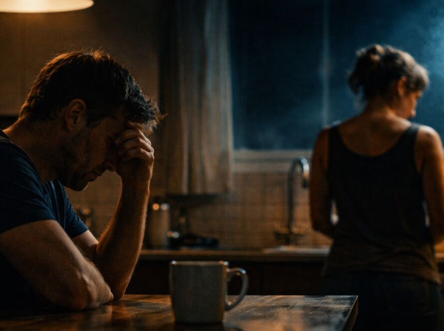 Casal em silêncio na cozinha durante a madrugada, representando tensão em um relacionamento após o nascimento de um filho.