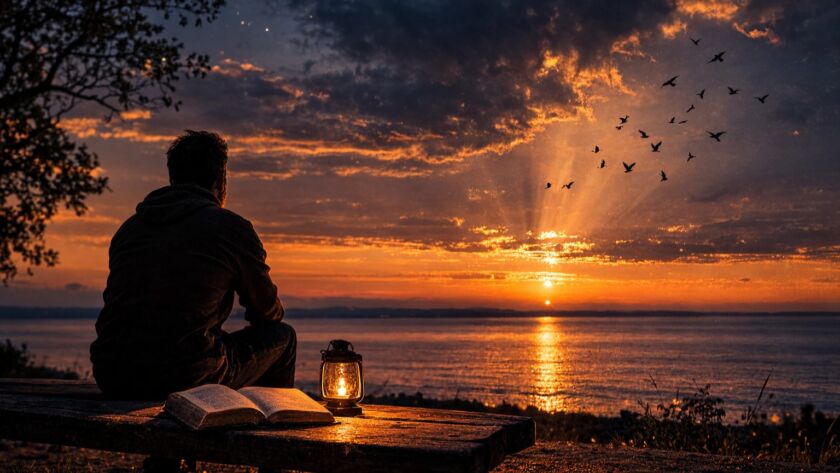 Homem em silêncio contemplando o céu noturno, representando a experiência espiritual do silêncio de Deus e da fé que amadurece.