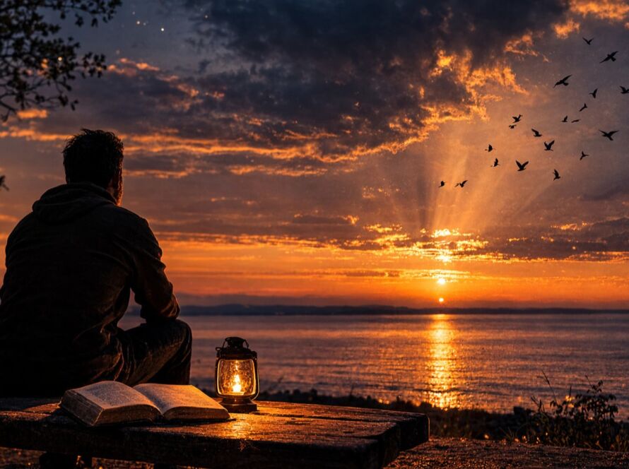 Homem em silêncio contemplando o céu noturno, representando a experiência espiritual do silêncio de Deus e da fé que amadurece.